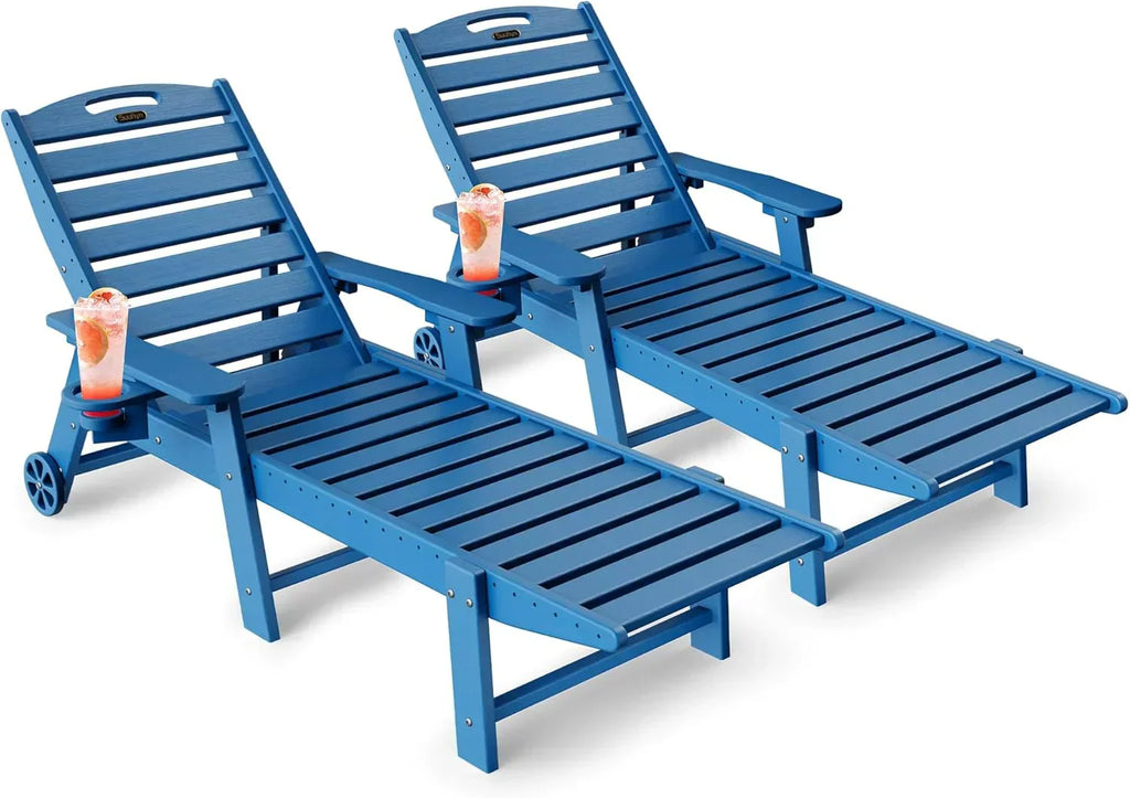Lounge Chair Outdoor, Chaise Lounge, HDPE 6-Position Outdoor Chaise Lounge, Patio Lounge Chair with Wheels & Cup Holder for Pool Poolside Deck Backyard, Teak