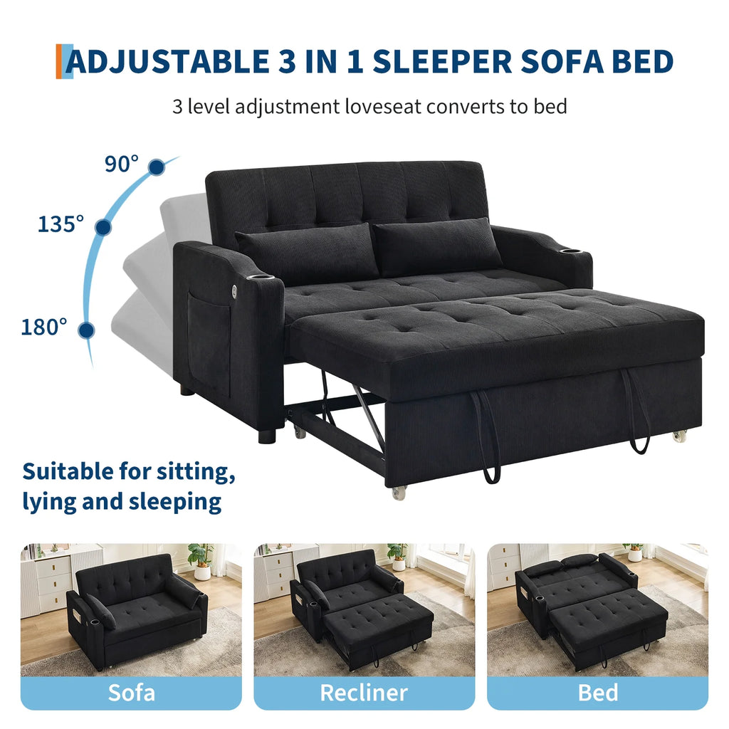 3 in 1 Convertible Sleeper Sofa Bed, Corduroy Futon Couches with Pull - Out Bed, Adjustable Backrest, Charging Port & Side Pockets, Modern Upholstered Sofa for Living Room, Guest Room
