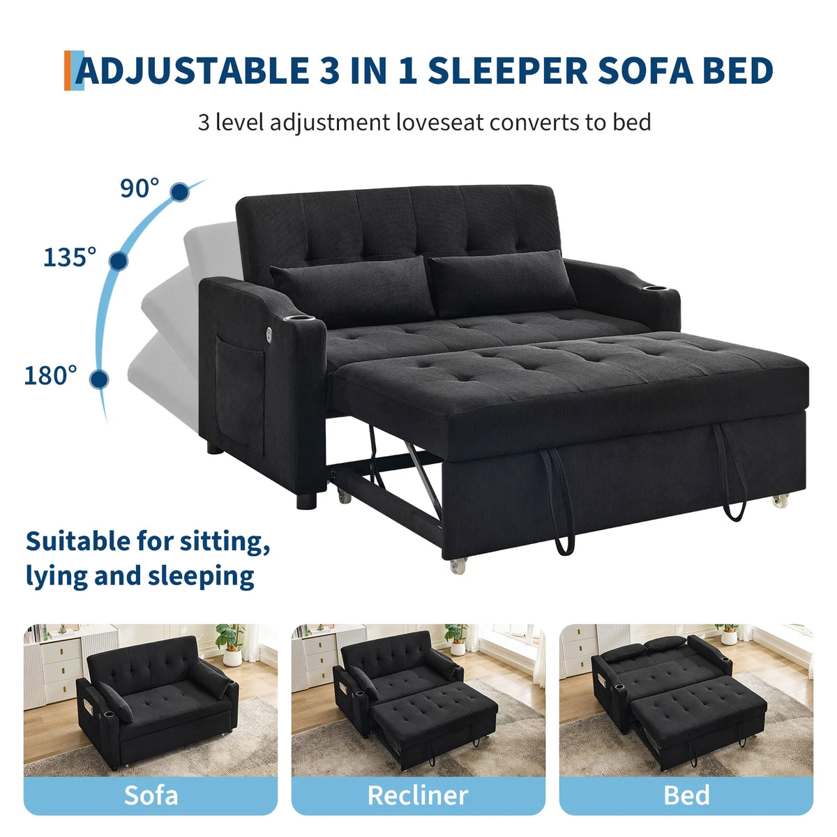 3 in 1 Convertible Sleeper Sofa Bed, Corduroy Futon Couches with Pull - Out Bed, Adjustable Backrest, Charging Port & Side Pockets, Modern Upholstered Sofa for Living Room, Guest Room