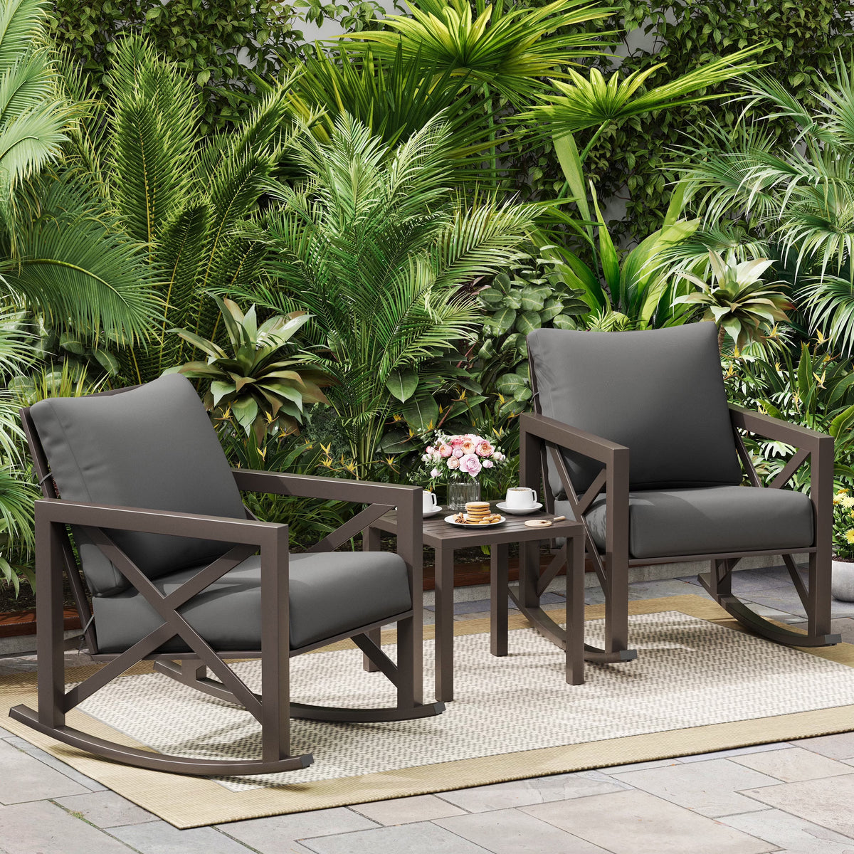 MRUAKA Rocking Chair Bistro Set, 3 Piece Outdoor Patio Furniture Set with 2 Rockers and 1 Metal Coffee Table with Thick Cushions for Porch, Backyard, Poolside, Beige