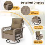 ELPOSUN 3 Pieces Patio Furniture Set, Outdoor Swivel Gliders Rocker, Wicker Patio Bistro Set with Rattan Rocking Chair, Glass Top Side Table and Thickened Cushions for Porch Deck Backyard
