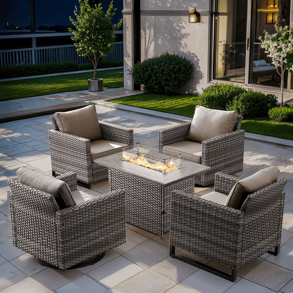 Gymojoy 5 Pieces Outdoor Swivel Rocker Chairs Patio Furniture Set with Gas Fire Pit Table, Wicker Patio Conversation Fire Pit Table Set for Garden, Deck, Porch, Backyard, Beige