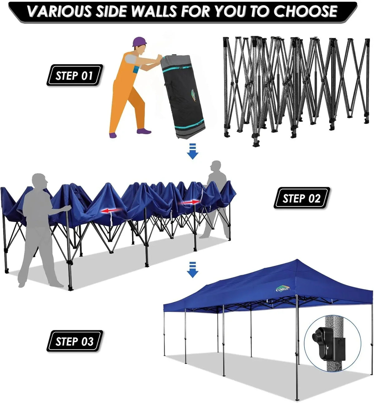 COBIZI 10x20 Heavy Duty Pop up Canopy Tent with 6 sidewalls Easy Up Commercial Outdoor Canopy Wedding Party Tents for Parties All Season Wind & Waterproof Gazebo with Roller Bag,Black(Frame Thickened)