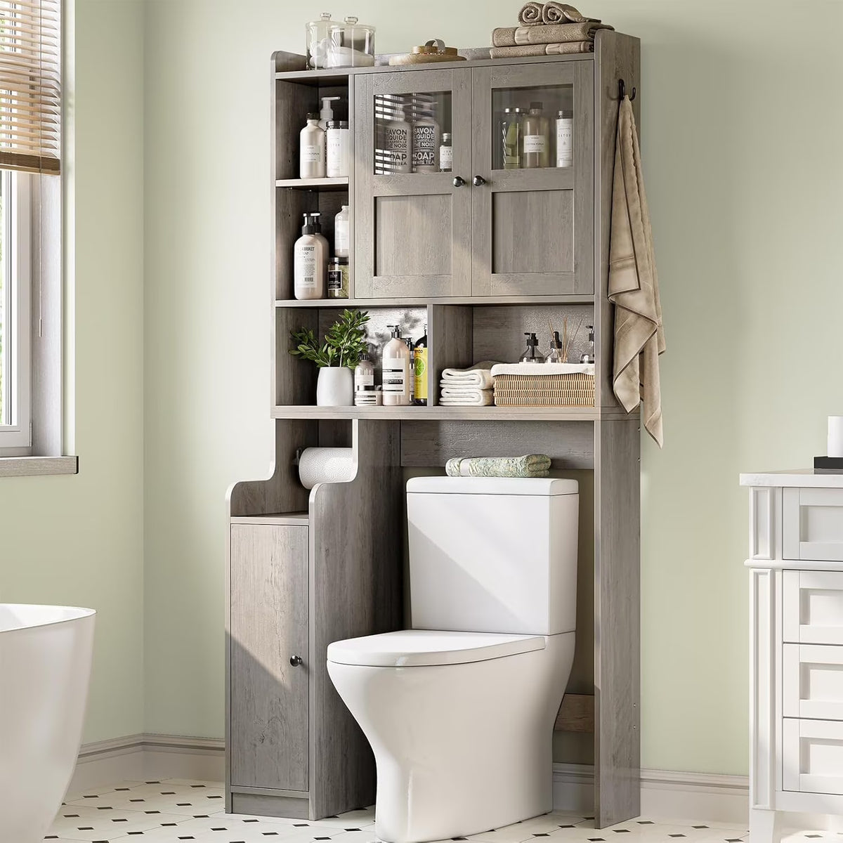 Over the Toilet Storage Cabinet with 3 Doors, Farmhouse Space Saver for Bathroom Organizer with Paper Holder, 10 Shelves and Hooks, 7 - Tier Over Washing Machine Cabinet for Laundry, Bathroom, Natural