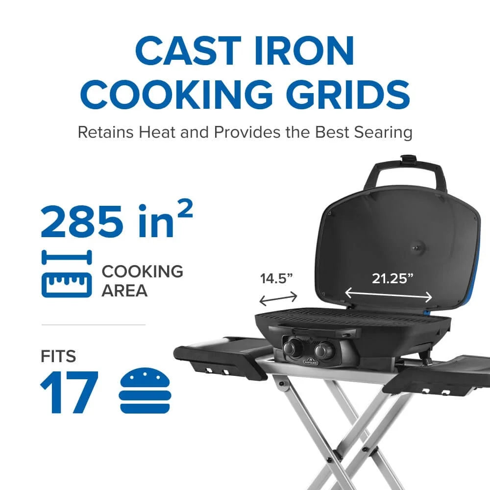 Napoleon Travelq 285X 1 - Burner Portable Propane Gas Grill in Blue with Scissor Cart