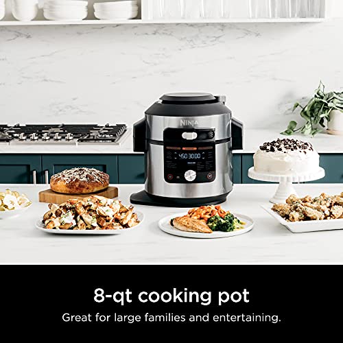 OL701 14 in 1 SMART XL 8 Qt. Pressure Cooker Steam Fryer with SmartLid & Thermometer Auto Steam Release, that Air Fries, Proofs & More, 3 Layer Capacity, 5 Qt. Crisp Basket, Silver/Black