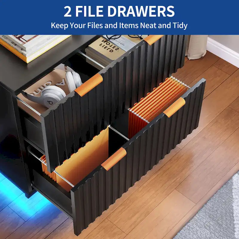 Moasis Lateral Filing Cabinet with LED Lighting and 2 Drawers for Home Office