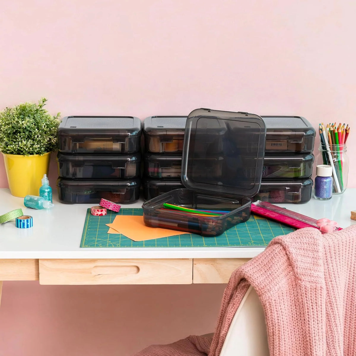 10-Pack Portable Plastic Scrapbook Paper Storage Cases Organizers with Built-in Handle - Gray