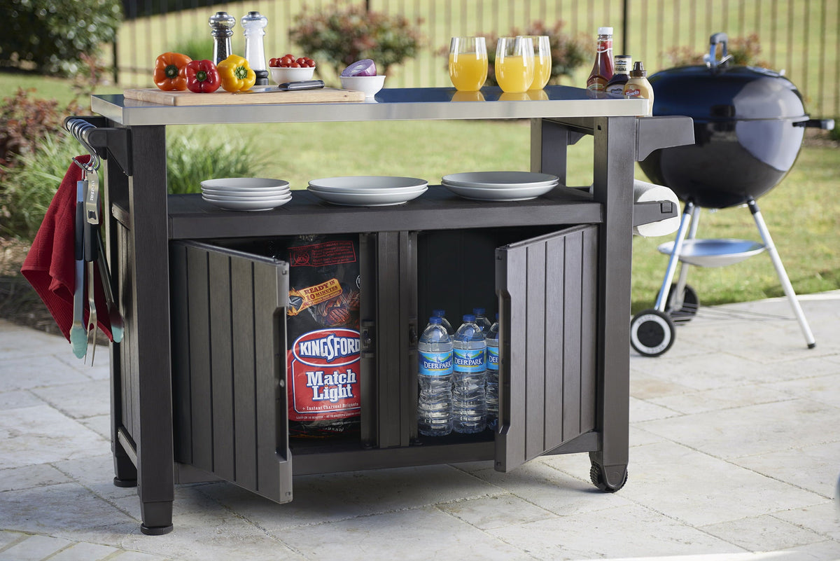 Unity XL Portable Outdoor Table and Storage Cabinet with Accessory Hooks. Espresso Brown