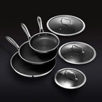 HexClad 6 Piece Hybrid Stainless Steel Cookware Pan Set 8 inch 10 inch 12 inch with Glass Lids Size: One size Black