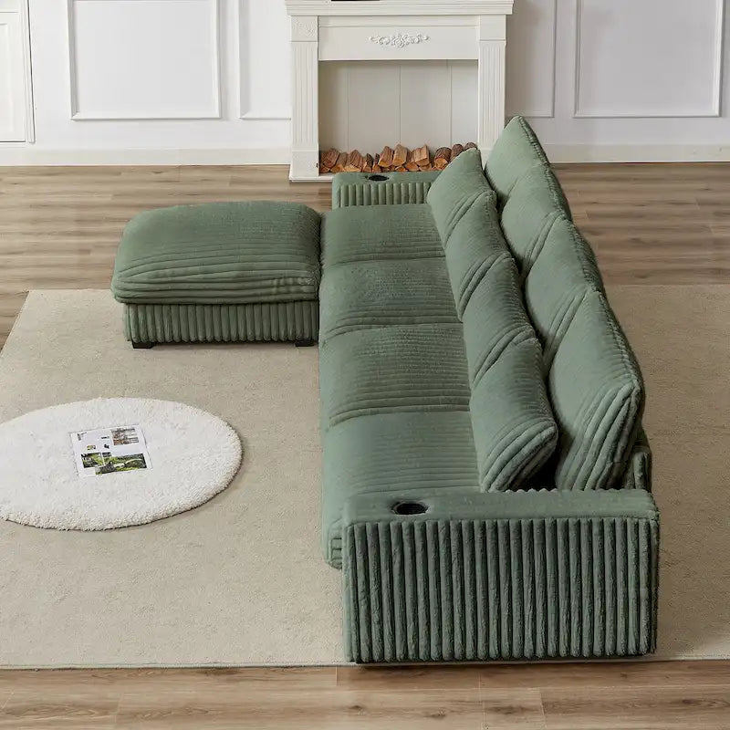 126W Large L-Shaped Corduroy Sofa with USB Charging Port