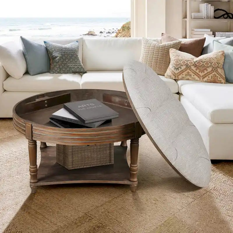 Round Storage Ottoman Coffee Table with Tufted Seat and Wooden Base