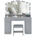 USIKEY Large Vanity Set with Large Lighted Mirror, Modern Makeup Vanity Table with 3 Drawers, 2 Storage Cabinets & 10 LED Bulbs and Cushioned Stool for Women, Bedroom, Whiteszt32wd