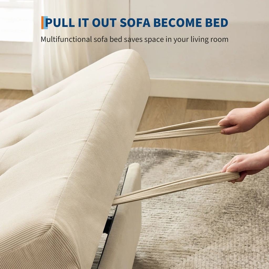 3 in 1 Convertible Sleeper Sofa Bed, Corduroy Futon Couches with Pull - Out Bed, Adjustable Backrest, Charging Port & Side Pockets, Modern Upholstered Sofa for Living Room, Guest Room