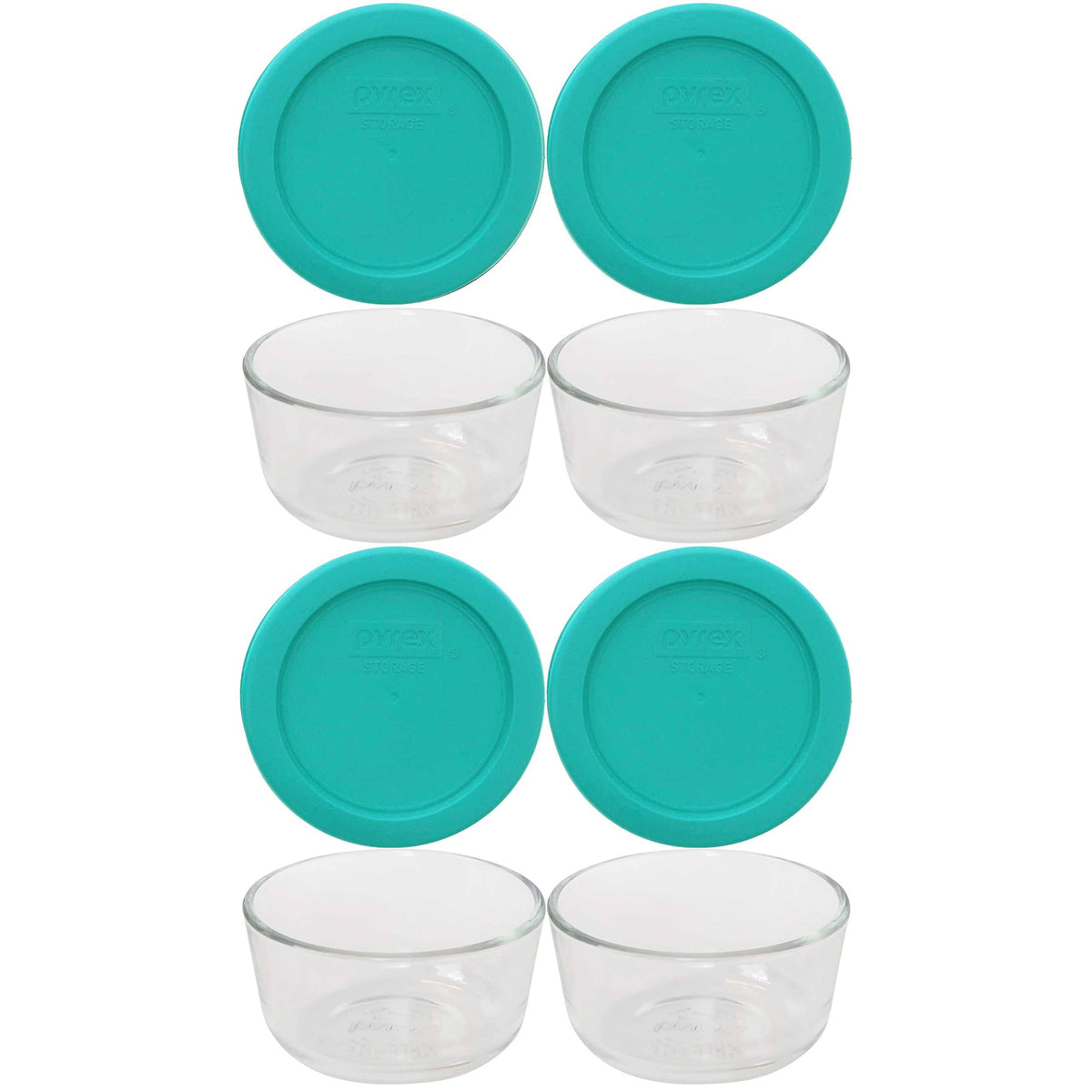 Pyrex (4) 7202 Round Glass Food Storage Bowls & (4) 7202-PC Turquoise Lids
