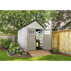 Rubbermaid 7×7 Ft Durable Weather Resistant Resin Outdoor Garden Storage Shed with Windows and Utility Hooks, Sand