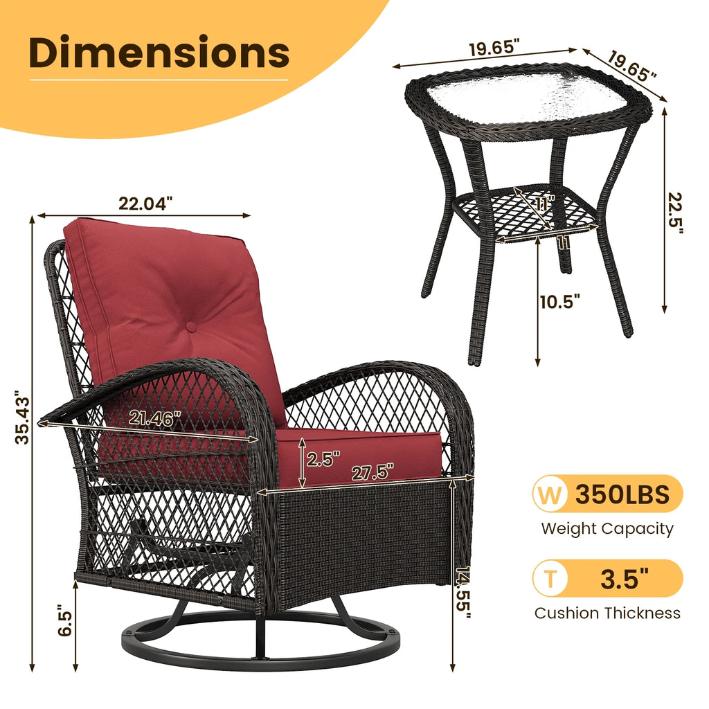 ELPOSUN 3 Pieces Patio Furniture Set, Outdoor Swivel Gliders Rocker, Wicker Patio Bistro Set with Rattan Rocking Chair, Glass Top Side Table and Thickened Cushions for Porch Deck Backyard