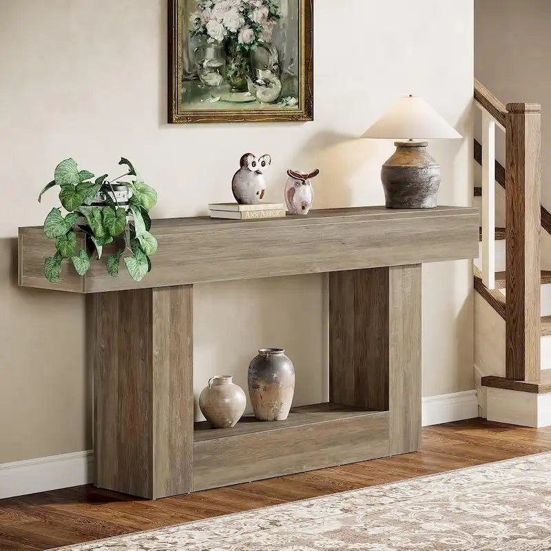 63-Inch Brown and Gray Slim Wooden Console Table for Entryway
