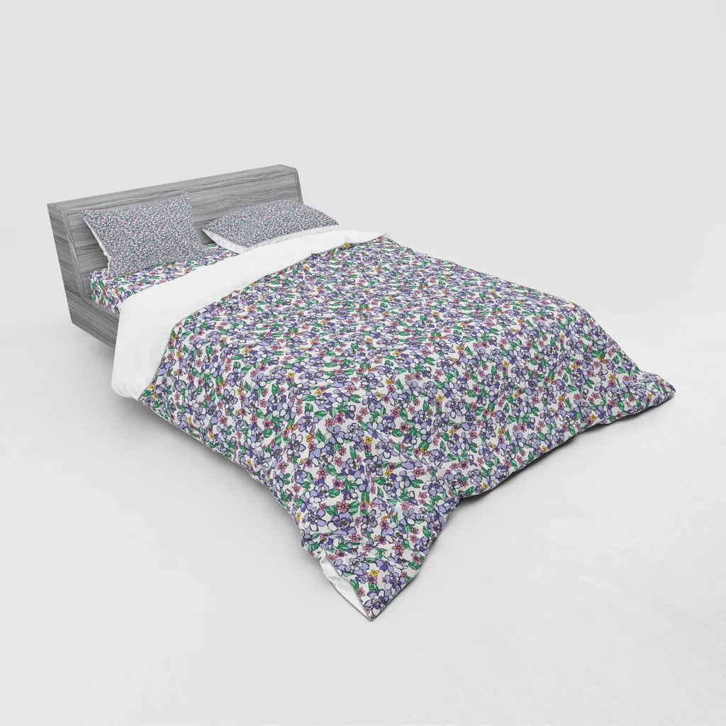 Floral Duvet Cover Set, Colorful Spring Blossom Flowers Repetitive Hand Drawn Like Pattern, Bedding Set with Shams and Fitted Sheet, 3 Sizes