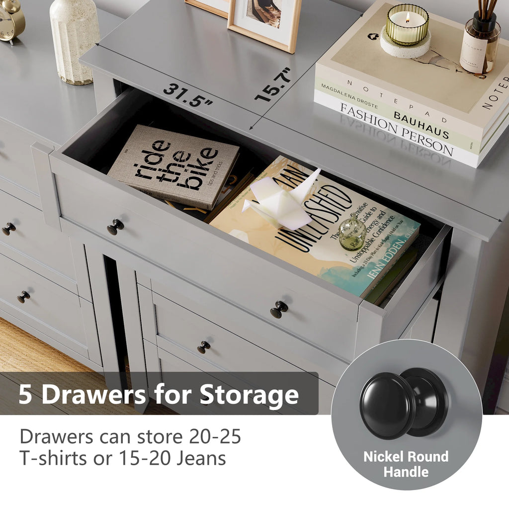 Homhougo Dresser for Bedroom Black with 5 Drawers, Tall Wood Organizer Storage Cabinet with Round Handle, Drawer Dresser for Closet, Living Room, Hallway, Nursery, Kids Bedroom