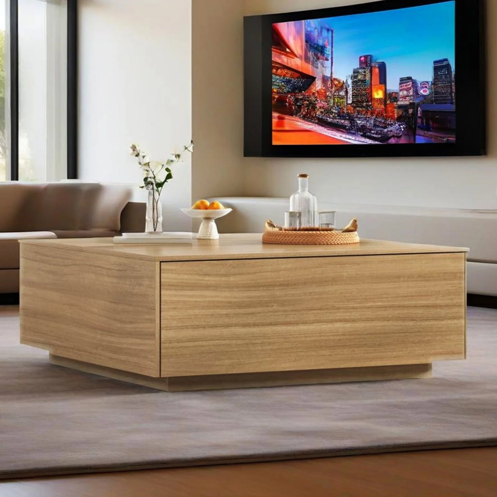 Blotout Square Coffee Table with 2 Large Drawers, 43" Mid Century Modern Coffee Table with Storage, Wood Cocktail Table Center Table with Storage for Living Room, Wood Grain