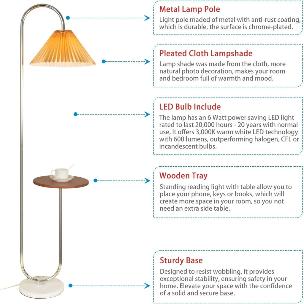 Modern Elegant with Tray Floor Lamp for Office Cafe Den Living Room Bedroom, Foot Switch and Brass/Gold Finish, Light Yellow Pleated Cloth Lampshade