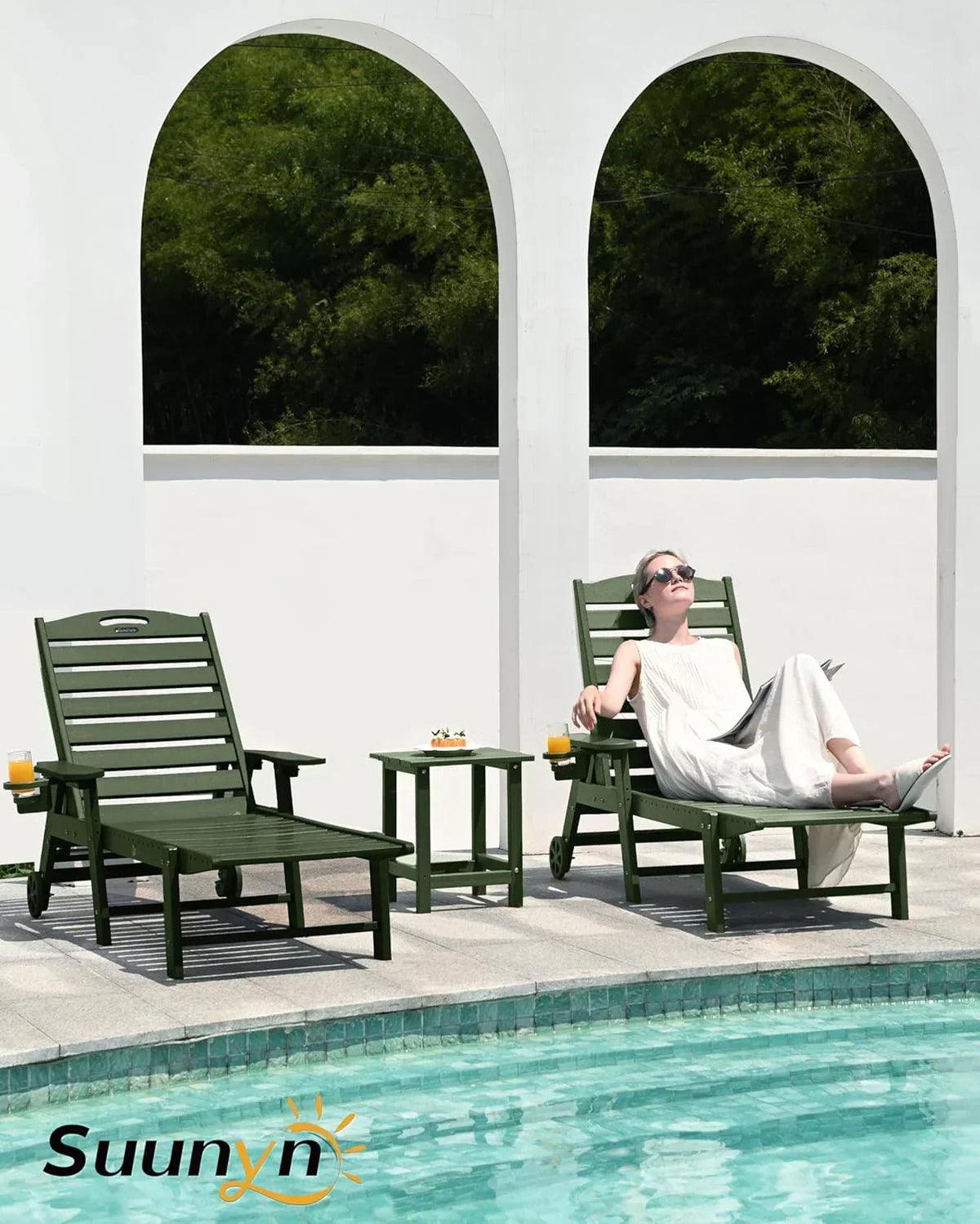 Lounge Chair Outdoor, Chaise Lounge, HDPE 6-Position Outdoor Chaise Lounge, Patio Lounge Chair with Wheels & Cup Holder for Pool Poolside Deck Backyard, Teak