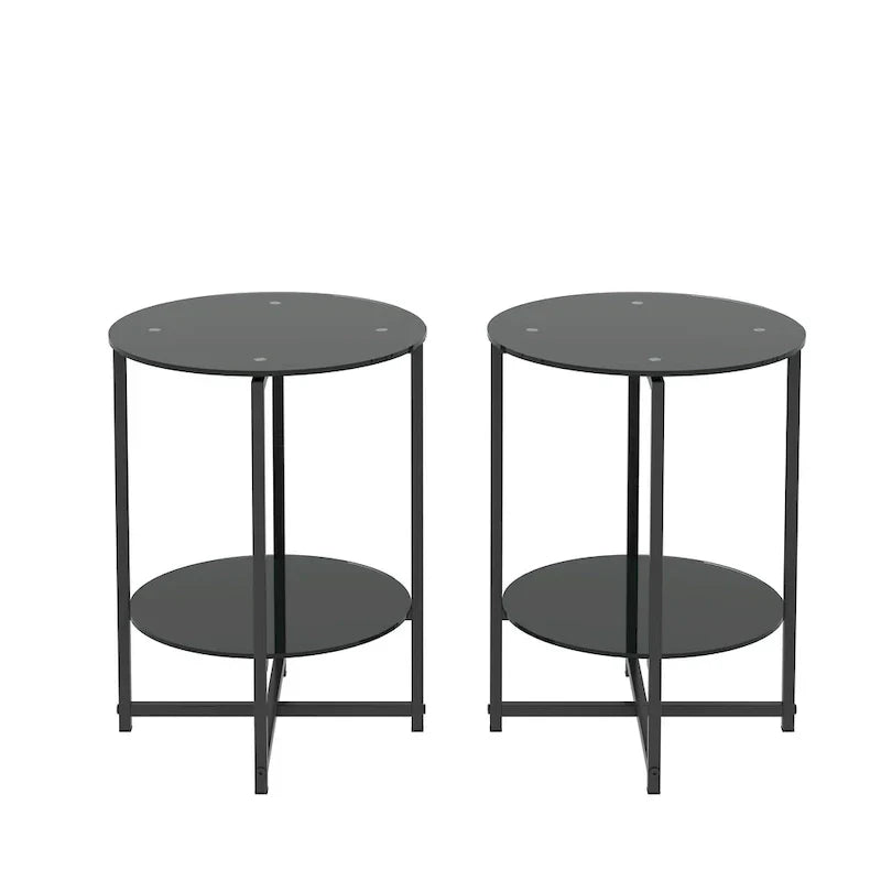 Black 2-Piece Tempered Glass End Table Set - Round Coffee Table for Bedroom, Living Room, and Office