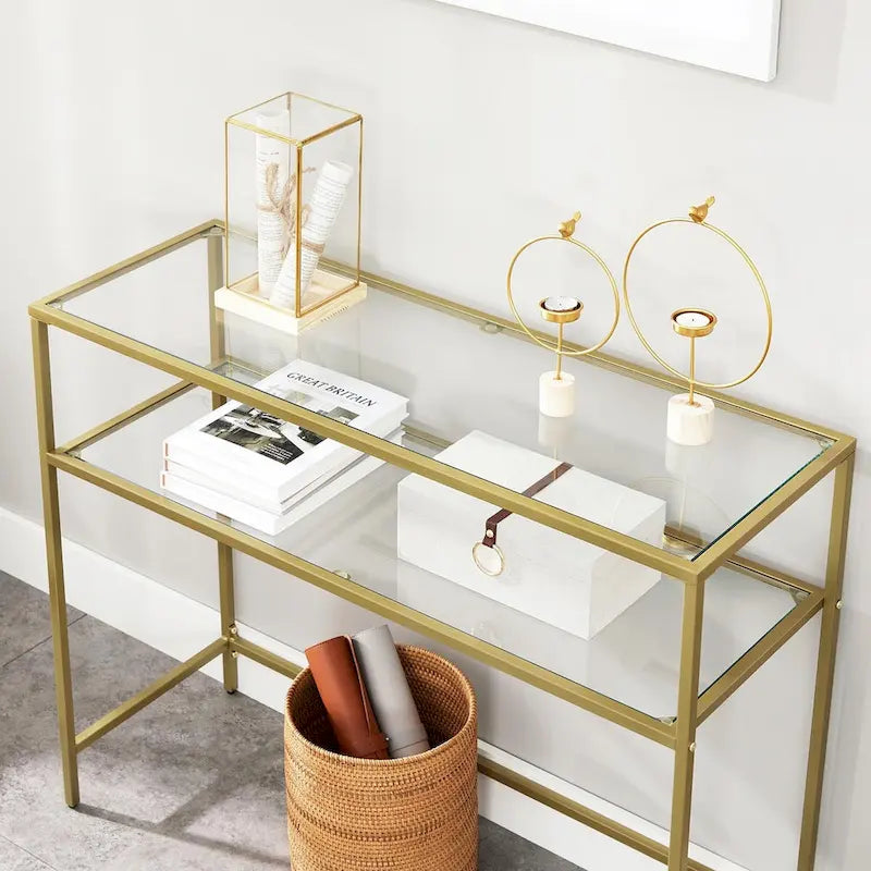 Elegant Gold Tempered Glass Console Table with Metal Frame and Dual Shelves - 39.4L x 13.8W x 31.5H