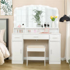 USIKEY Large Vanity Set with Large Lighted Mirror, Modern Makeup Vanity Table with 3 Drawers, 2 Storage Cabinets & 10 LED Bulbs and Cushioned Stool for Women, Bedroom, Whiteszt32wd
