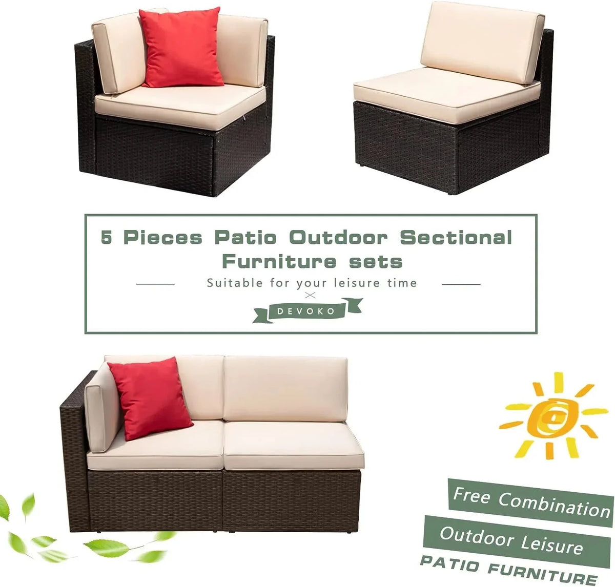 Devoko 5 Pieces Patio Furniture Sets All Weather Outdoor Sectional Patio Sofa Manual Weaving Wicker Rattan Patio Seating Sofas with Cushion and Glass Table(Beige)