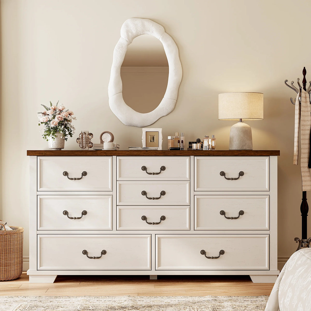 Enhomee Wood Dressers for Bedroom with 9 Drawers White Dresser Chest of Drawers for Living Room
