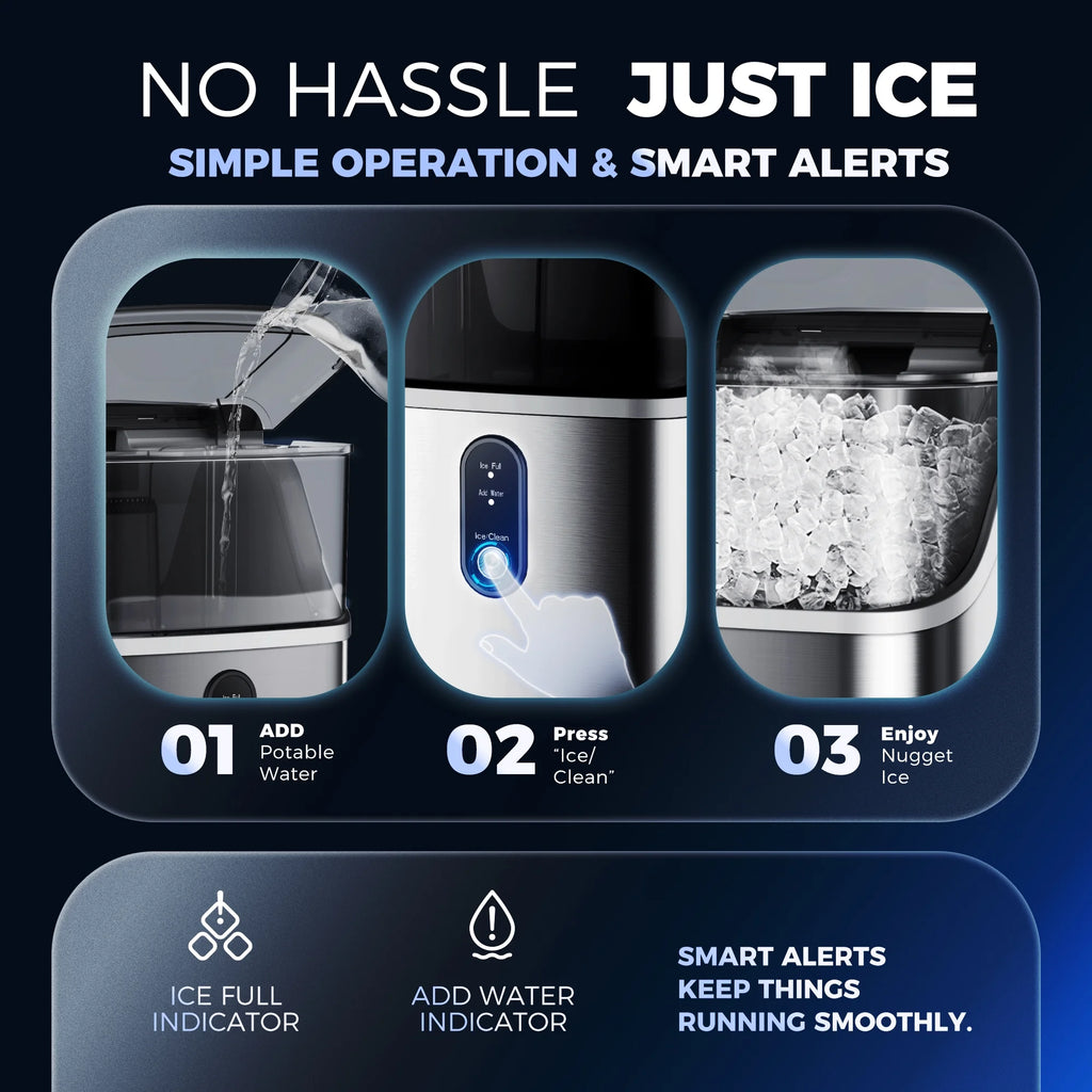 Simzlife Nugget Ice Maker Countertops, 35.9 lb per Day Portable Pebble Ice Machine, Crushed Sonic Ice Maker with Soft Chewable Ice for Home, Party, RV, Camping, Stainless Steel Silver