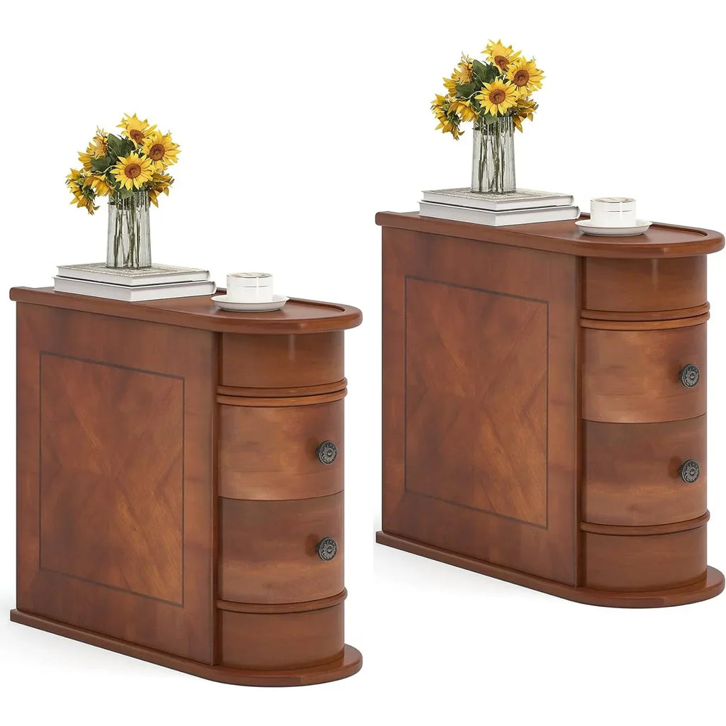 Solid Wood Chairside End Table, Two-Drawer Narrow Side Table Slim
