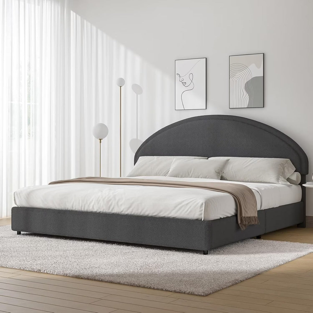 4 EVER WINNER Queen Size Bed Frame, Boucle Upholstered Bed Frame with Headboard, White Queen Bed Frame, White