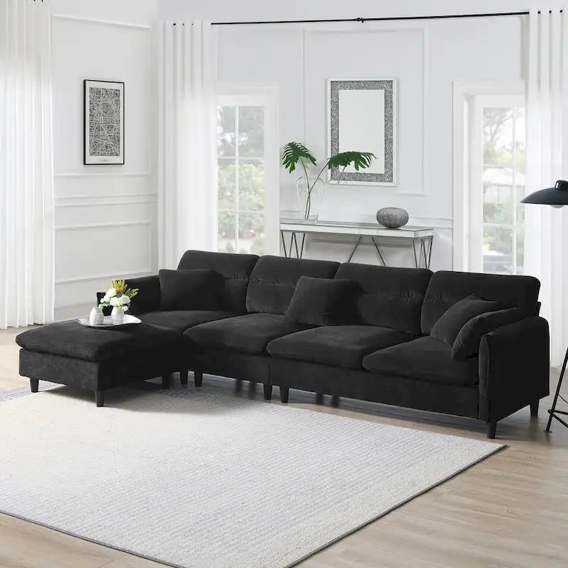 110-Inch L-Shaped 5-Seater Sectional Sofa with Removable Ottoman, Cloud Chenille Fabric, and 5 Cushions