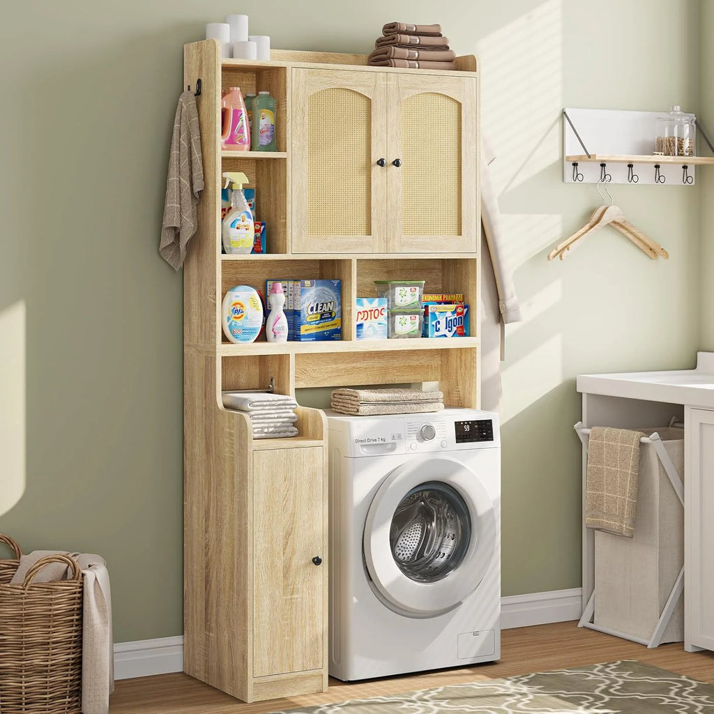 Over the Toilet Storage Cabinet with 3 Doors, Farmhouse Space Saver for Bathroom Organizer with Paper Holder, 10 Shelves and Hooks, 7 - Tier Over Washing Machine Cabinet for Laundry, Bathroom, Natural