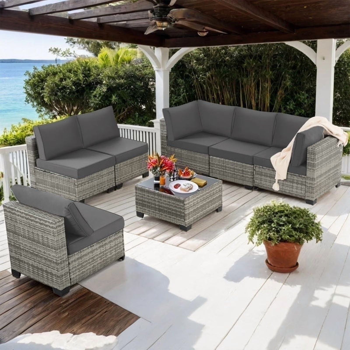 Ainfox 7 Pcs Outdoor Patio Furniture Sofa Set on Sale, Grey Rattan Grey Cushion