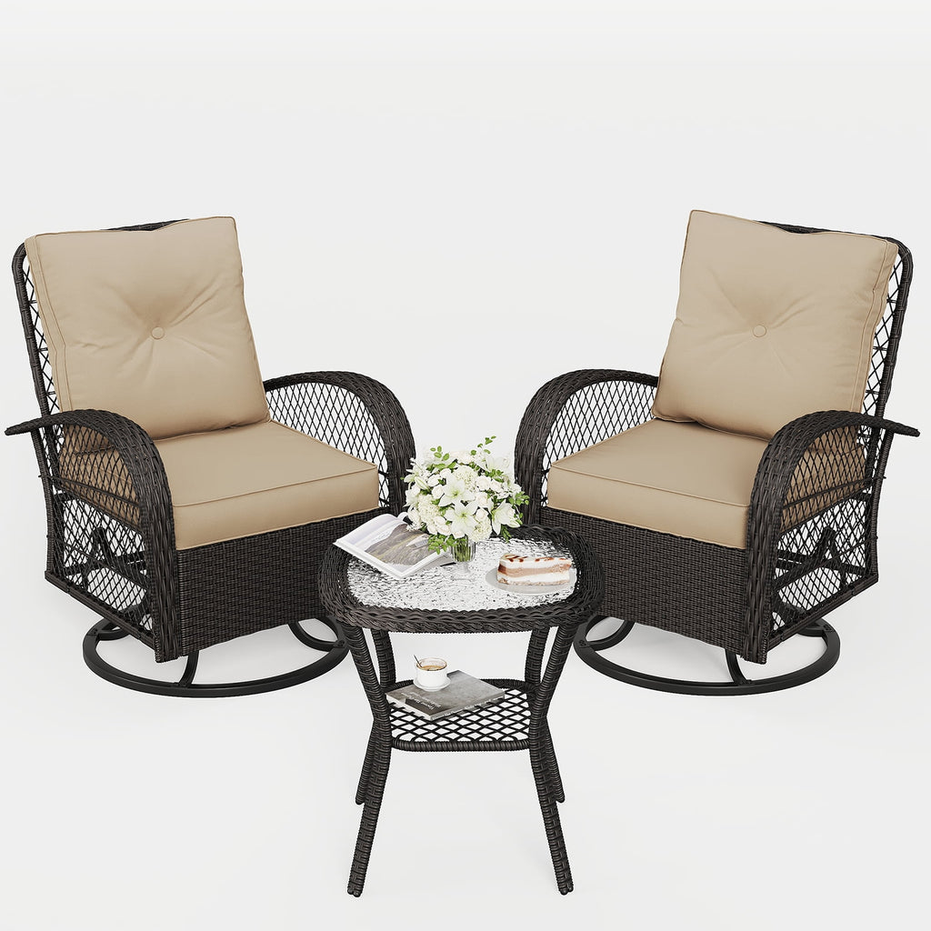 ELPOSUN 3 Pieces Patio Furniture Set, Outdoor Swivel Gliders Rocker, Wicker Patio Bistro Set with Rattan Rocking Chair, Glass Top Side Table and Thickened Cushions for Porch Deck Backyard