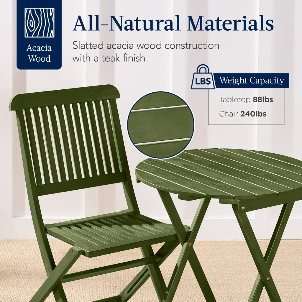 Best Choice Products 3-Piece Acacia Wood Bistro Set, Folding Patio Furniture w/ 2 Chairs, Table - Natural