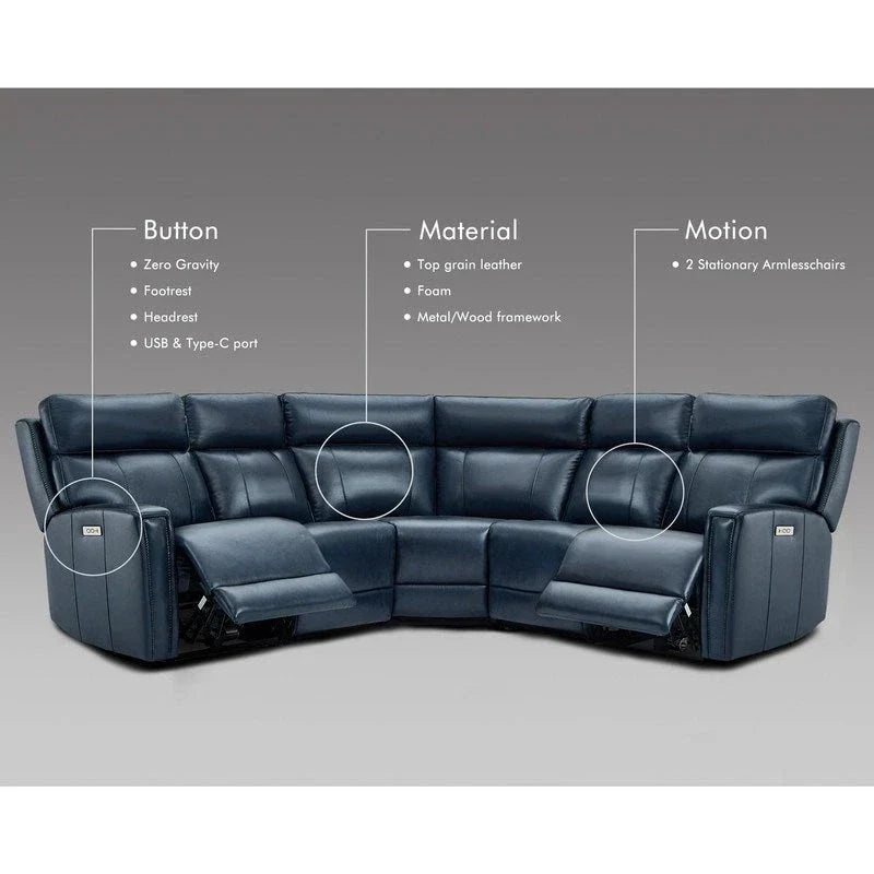 104" 3-Color Genuine Leather Power Reclining Sectional Sofa with Zero Gravity Feature, USB & USB-C Ports, and 2 Stationary Armless Chairs