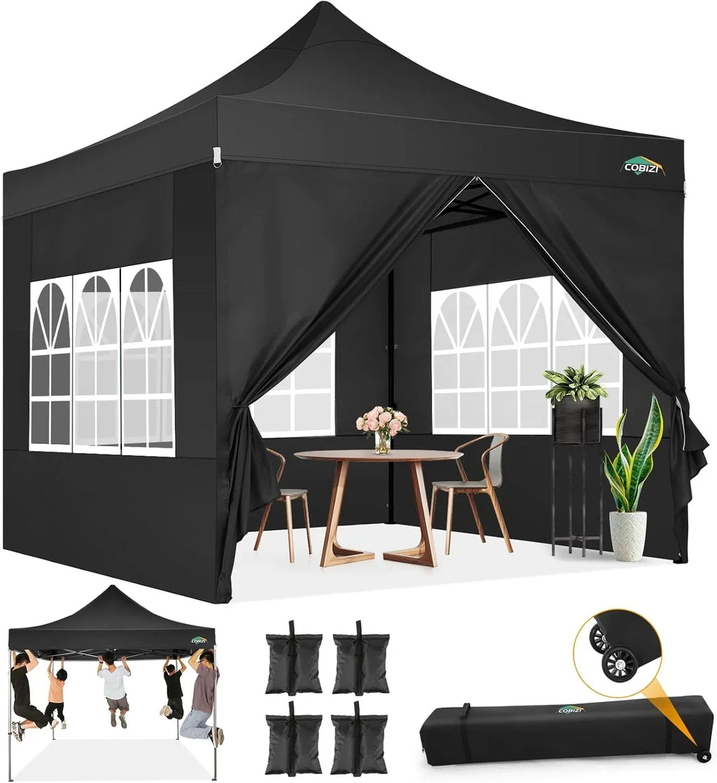 COBIZI 10x20 Heavy Duty Pop up Canopy Tent with 6 sidewalls Easy Up Commercial Outdoor Canopy Wedding Party Tents for Parties All Season Wind & Waterproof Gazebo with Roller Bag,Black(Frame Thickened)