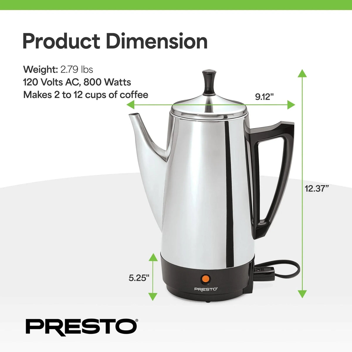 Presto Stainless Steel Coffee Maker, 12 Cup Robust Percolator Coffee, Silver - 2.79