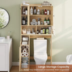 Over the Toilet Storage Cabinet with 3 Doors, Farmhouse Space Saver for Bathroom Organizer with Paper Holder, 10 Shelves and Hooks, 7 - Tier Over Washing Machine Cabinet for Laundry, Bathroom, Natural