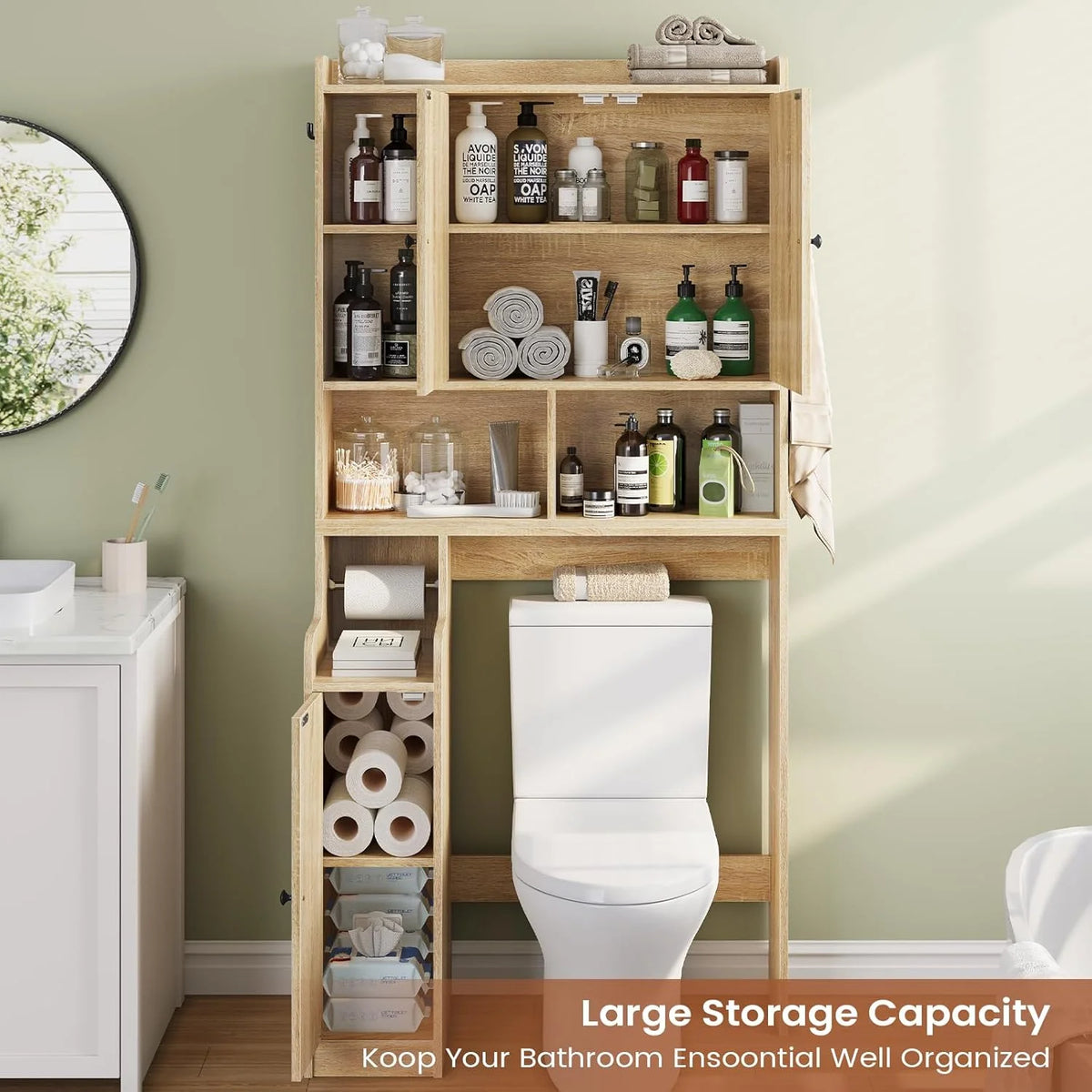 Over the Toilet Storage Cabinet with 3 Doors, Farmhouse Space Saver for Bathroom Organizer with Paper Holder, 10 Shelves and Hooks, 7 - Tier Over Washing Machine Cabinet for Laundry, Bathroom, Natural