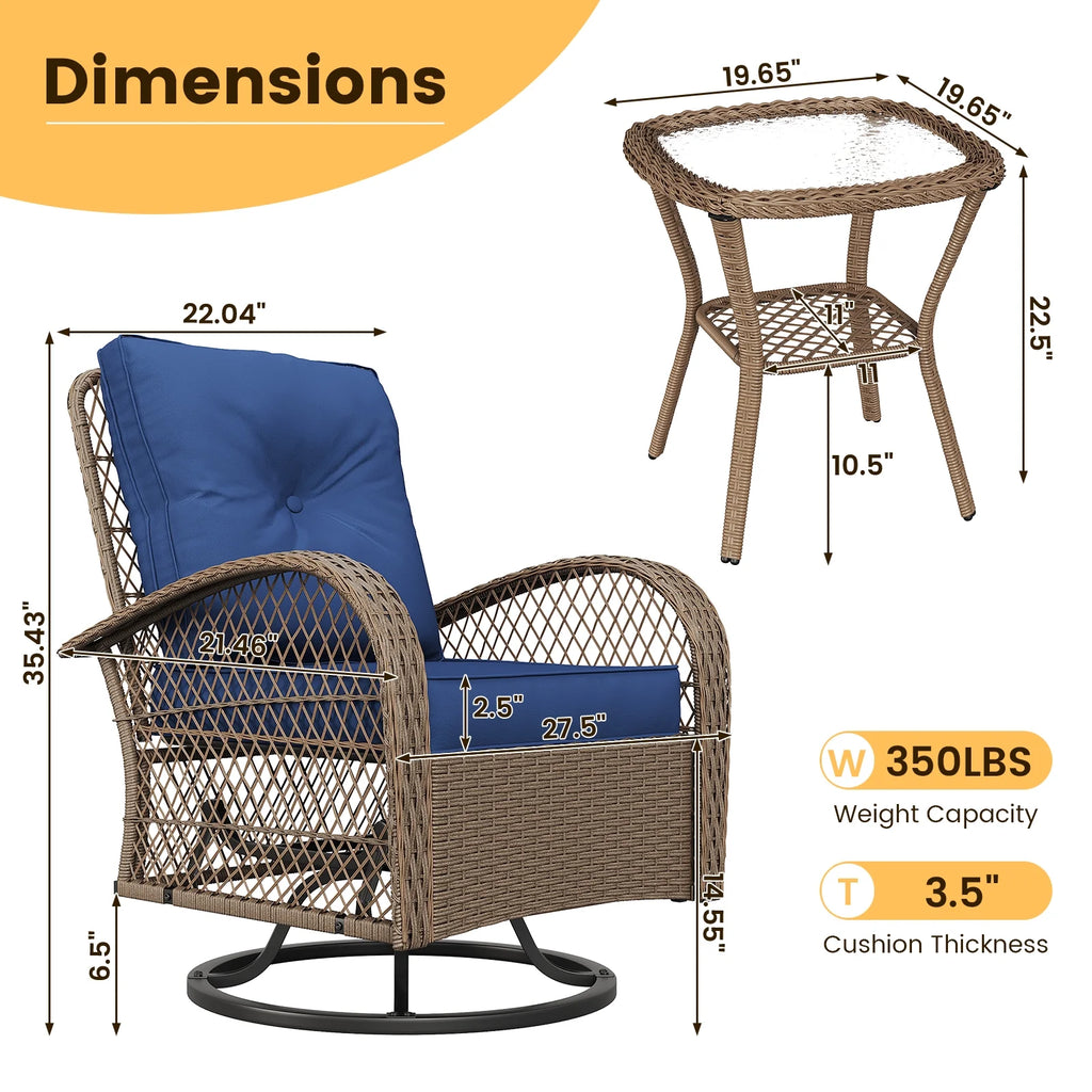 ELPOSUN 3 Pieces Patio Furniture Set, Outdoor Swivel Gliders Rocker, Wicker Patio Bistro Set with Rattan Rocking Chair, Glass Top Side Table and Thickened Cushions for Porch Deck Backyard