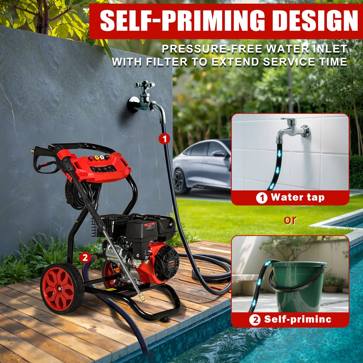 Pressure Washer Gas Powered, 3500PSI High Pressure Power Washer W/7.0HP Aluminum Pump, 210CC Powerful Engine, Maximum Spray 32.8FT, 4 Nozzles