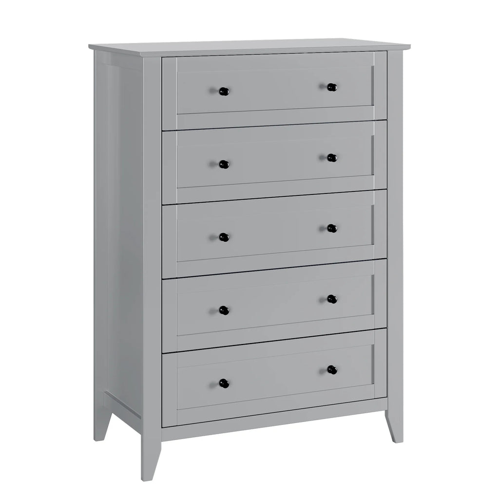 Homhougo Dresser for Bedroom Black with 5 Drawers, Tall Wood Organizer Storage Cabinet with Round Handle, Drawer Dresser for Closet, Living Room, Hallway, Nursery, Kids Bedroom