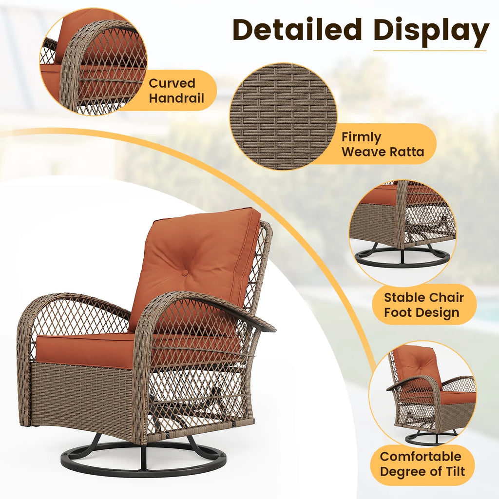 ELPOSUN 3 Pieces Patio Furniture Set, Outdoor Swivel Gliders Rocker, Wicker Patio Bistro Set with Rattan Rocking Chair, Glass Top Side Table and Thickened Cushions for Porch Deck Backyard