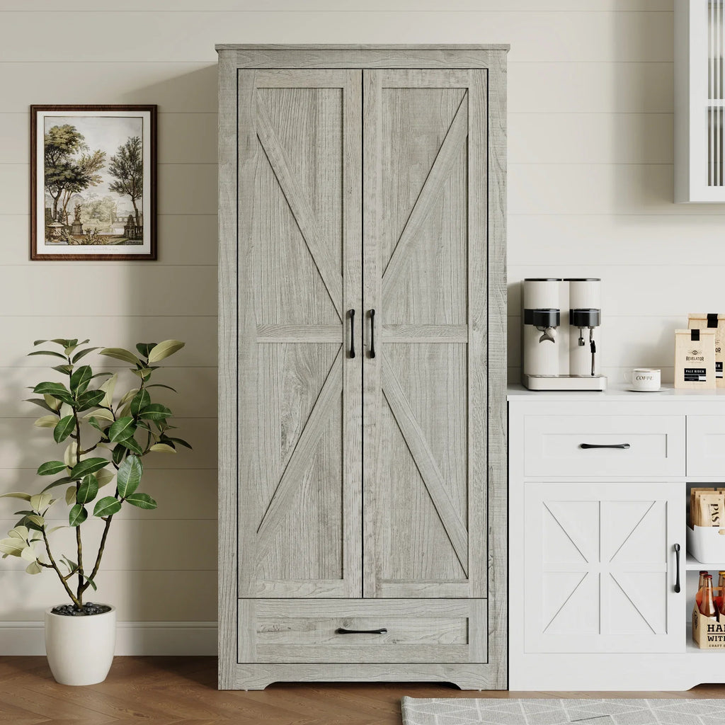 YouTrend 69" Tall Kitchen Pantry,Farmhouse Storage Cabinet with 2 Barn Doors 4 Adjustable Shelves and Large Drawer for Dining Room,Living Room,Bathroom,White